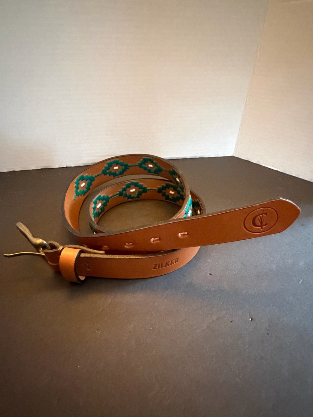 38 Zilker Men’s Polo Gaucho Brown Leather Embroidered Belt with Teal Accents